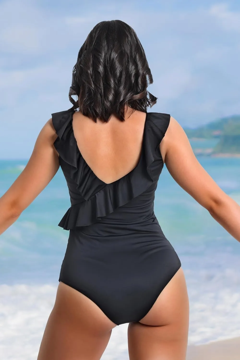 Babeeni Women's Tummy Control Swimsuits Ruffle V Neck