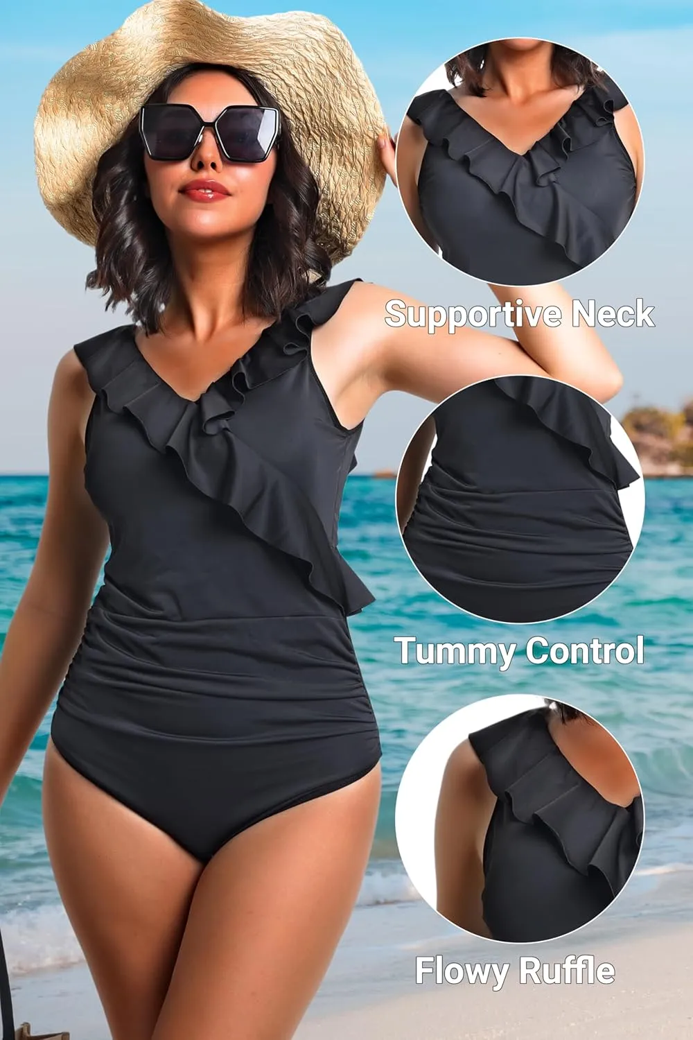 Babeeni Women's Tummy Control Swimsuits Ruffle V Neck