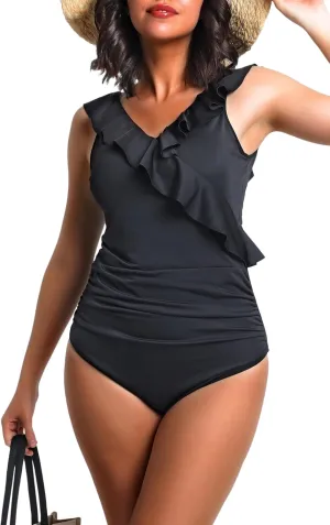 Babeeni Women's Tummy Control Swimsuits Ruffle V Neck