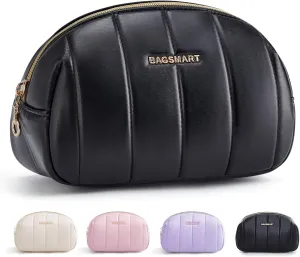 BAGSMART Small Makeup Bag PU Leather Travel Makeup Bag Organizer Makeup Pouch, Portable Cosmetic Bags for Women, Cute Make Up Bag for Travel Size Toiletries Accessories Brushes (Black)