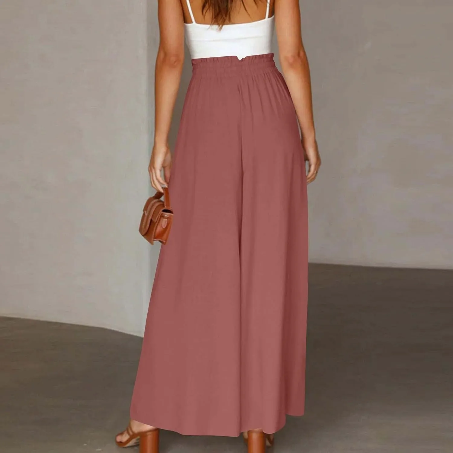 Beach Pants for Women Wide Leg Elastic Waisted Chiffon Baggy Flowy Long Lounge Trousers Vacation Pant with Pockets
