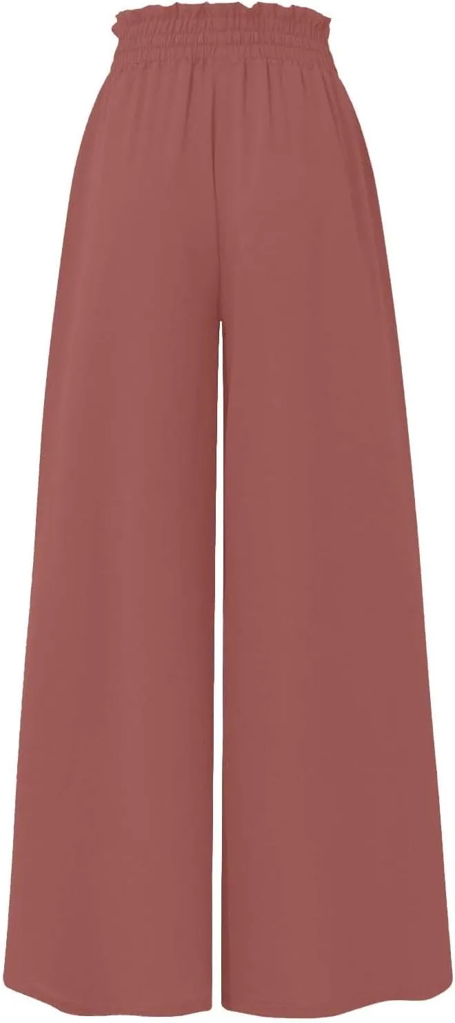 Beach Pants for Women Wide Leg Elastic Waisted Chiffon Baggy Flowy Long Lounge Trousers Vacation Pant with Pockets
