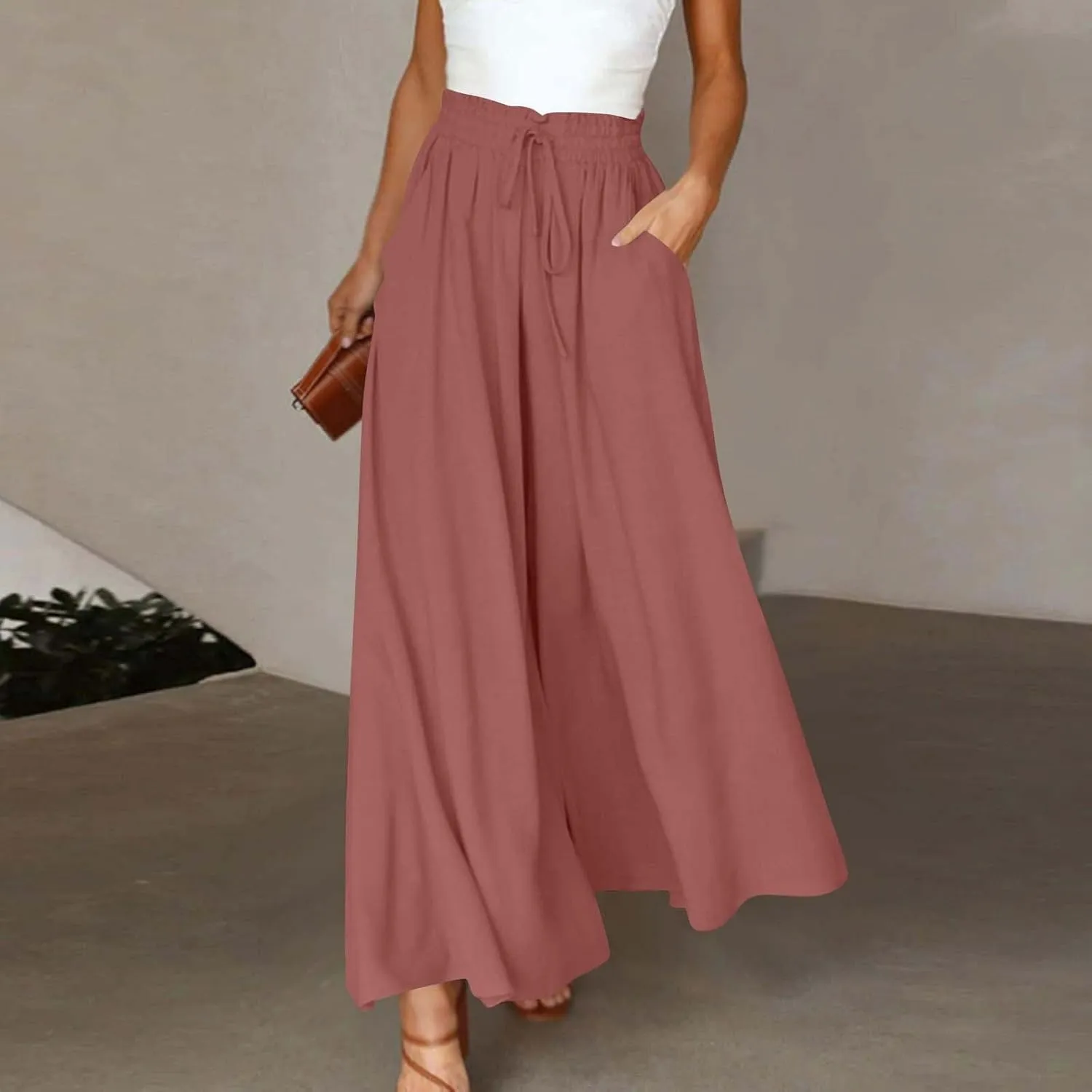 Beach Pants for Women Wide Leg Elastic Waisted Chiffon Baggy Flowy Long Lounge Trousers Vacation Pant with Pockets