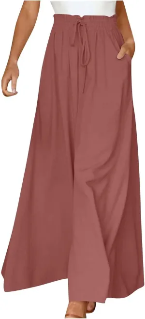Beach Pants for Women Wide Leg Elastic Waisted Chiffon Baggy Flowy Long Lounge Trousers Vacation Pant with Pockets
