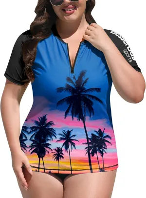 BesserBay Women UPF 50  Zip Rash Guard Shirt Short Sleeve Swim Shirt Plus Size Sun Protection Tops