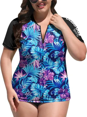BesserBay Women UPF 50  Zip Rash Guard Shirt Short Sleeve Swim Shirt Plus Size Sun Protection Tops