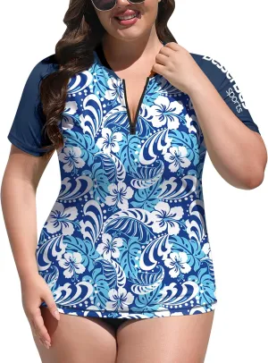 BesserBay Women UPF 50  Zip Rash Guard Shirt Short Sleeve Swim Shirt Plus Size Sun Protection Tops
