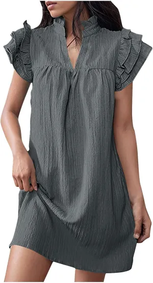 Binmer Women's 2024 Summer Mini Dress Texture Casual Ruffle Sleeve V Neck Loose Tunic Dress Loose Fit Solid Beach Sundresses
