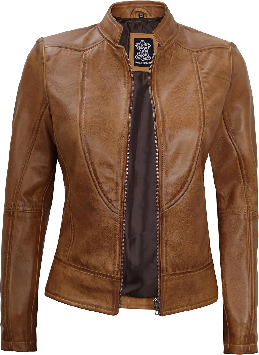 Blingsoul Disc Leather Jacket Women - Cafe Racer Real Lambskin Womens Leather Jacket