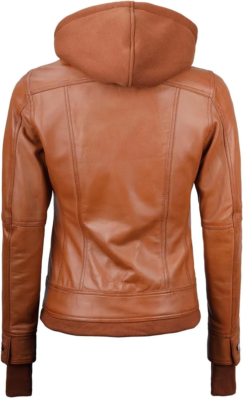 Blingsoul Leather Bomber Jacket Women - Real Lambskin Womens Leather Jackets with Removable Hood