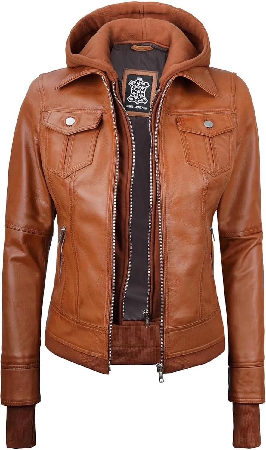Blingsoul Leather Bomber Jacket Women - Real Lambskin Womens Leather Jackets with Removable Hood