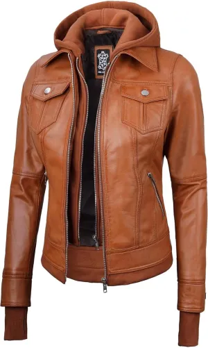 Blingsoul Leather Bomber Jacket Women - Real Lambskin Womens Leather Jackets with Removable Hood