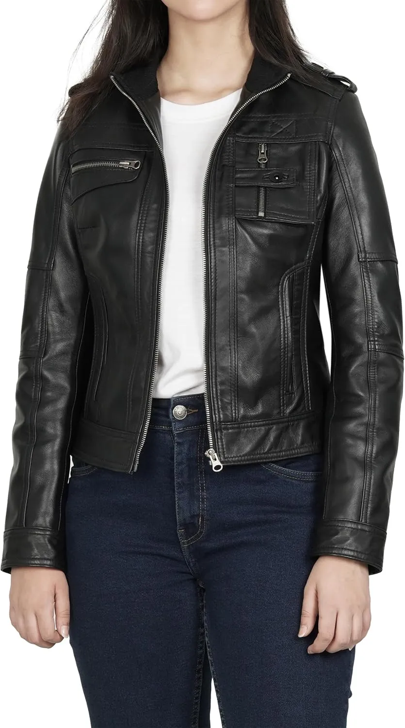 Blingsoul Real Leather Jacket For Women -Women's Cafe Racer Style Leather Jackets