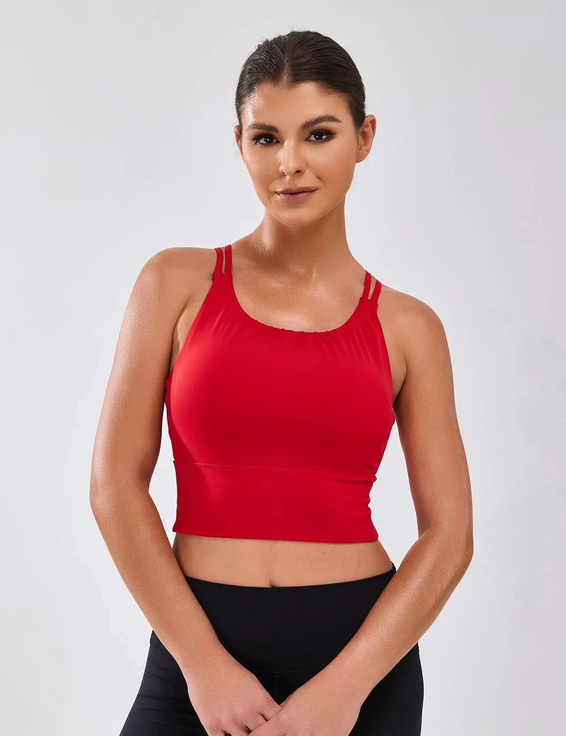BMJL Women's Workout Tank Top Bulit in Bra Removable Pad Racerback Athletic Gym Yoga Camisole Smocked Neck Cropped Top
