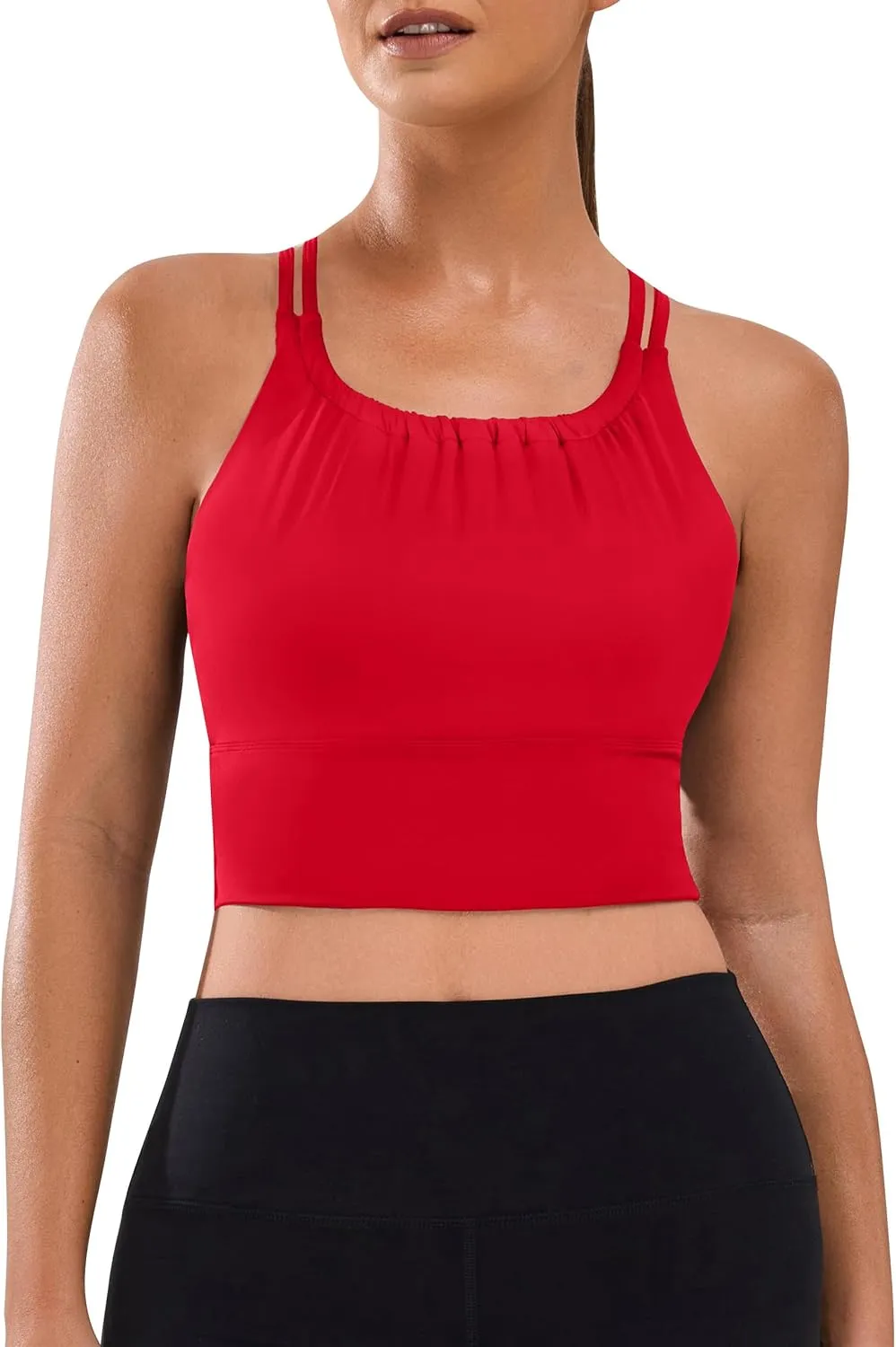 BMJL Women's Workout Tank Top Bulit in Bra Removable Pad Racerback Athletic Gym Yoga Camisole Smocked Neck Cropped Top