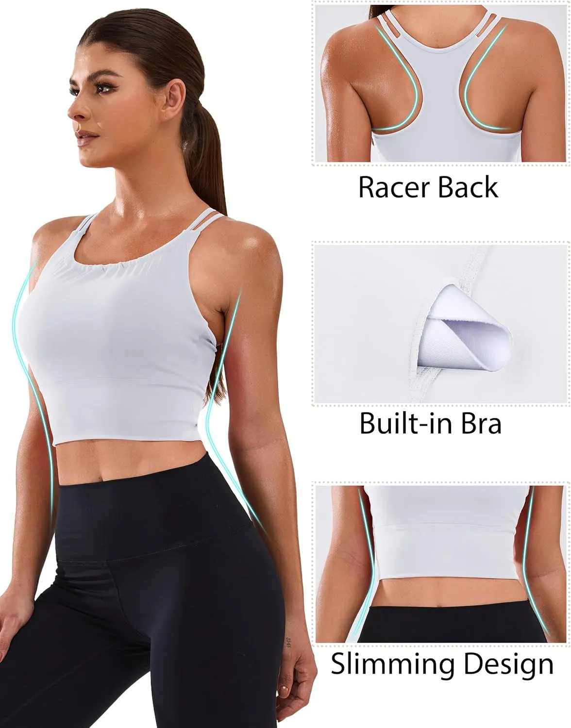 BMJL Women's Workout Tank Top Bulit in Bra Removable Pad Racerback Athletic Gym Yoga Camisole Smocked Neck Cropped Top