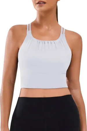 BMJL Women's Workout Tank Top Bulit in Bra Removable Pad Racerback Athletic Gym Yoga Camisole Smocked Neck Cropped Top