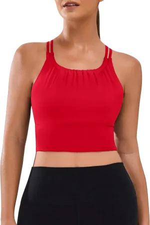 BMJL Women's Workout Tank Top Bulit in Bra Removable Pad Racerback Athletic Gym Yoga Camisole Smocked Neck Cropped Top