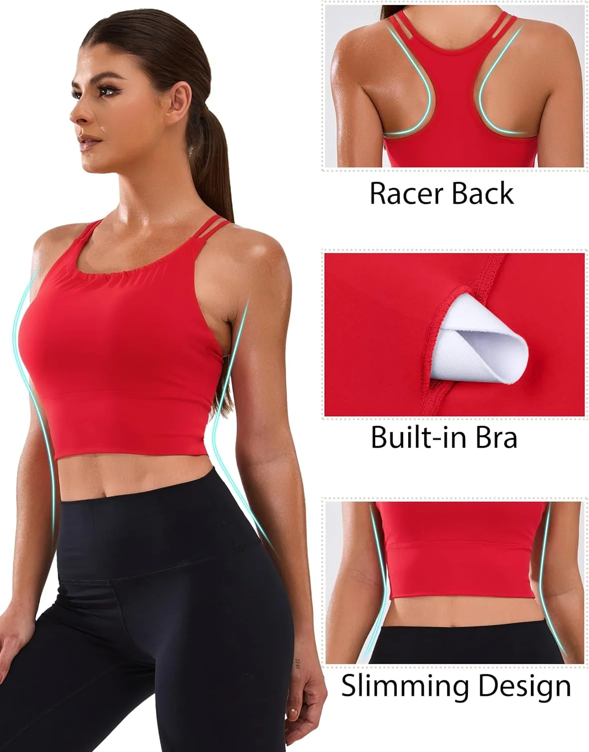 BMJL Women's Workout Tank Top Bulit in Bra Removable Pad Racerback Athletic Gym Yoga Camisole Smocked Neck Cropped Top