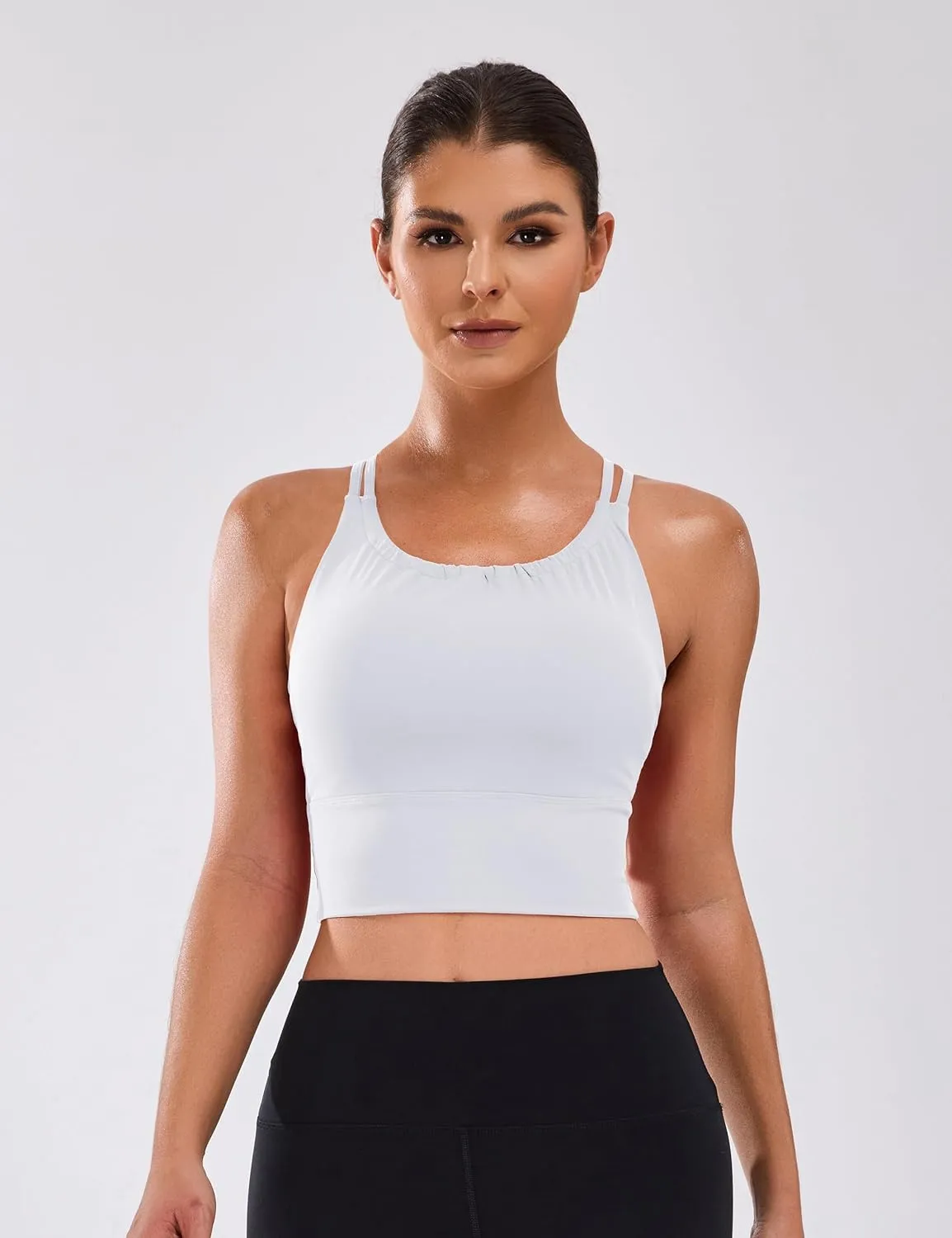 BMJL Women's Workout Tank Top Bulit in Bra Removable Pad Racerback Athletic Gym Yoga Camisole Smocked Neck Cropped Top