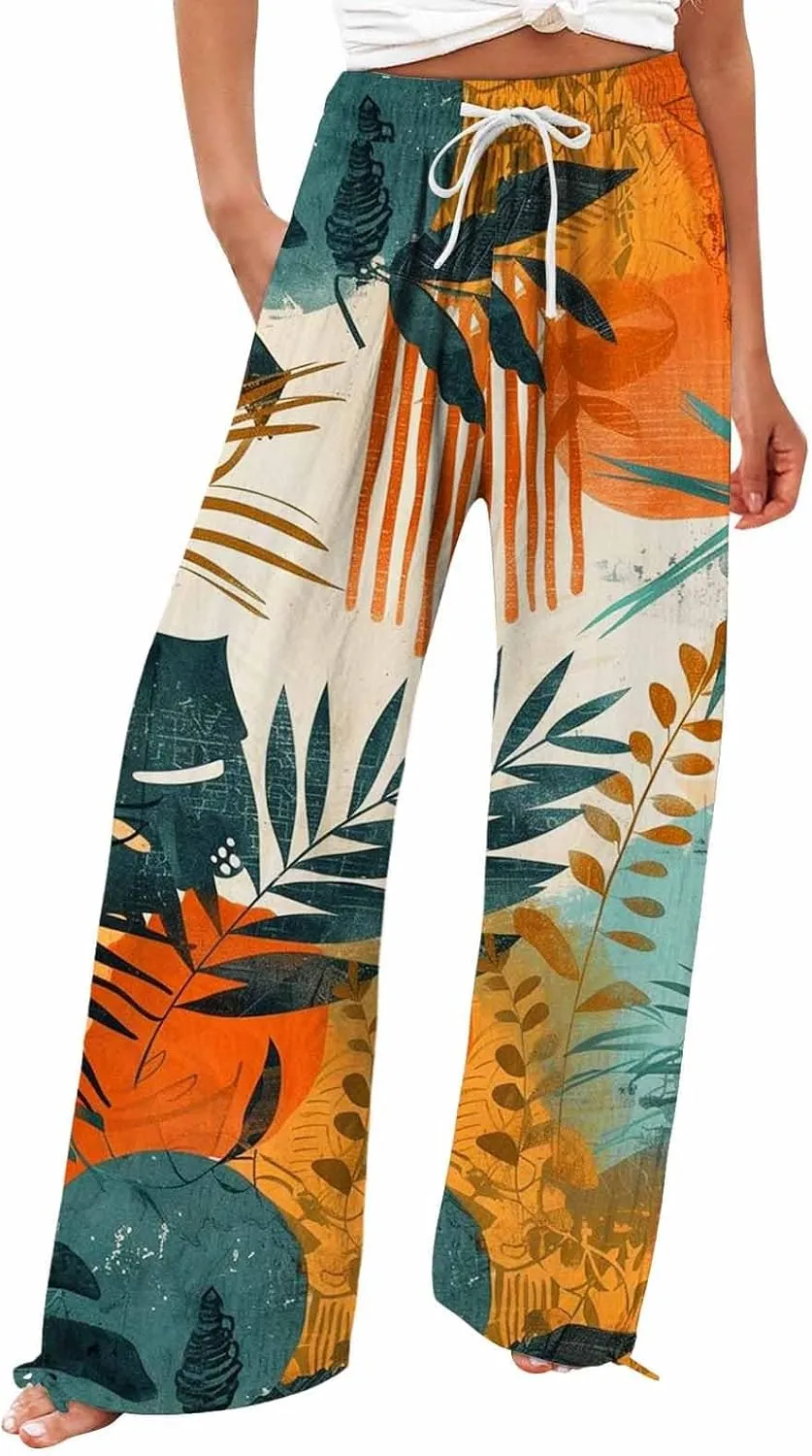 Boho Pants for Women Linen Palazzo Pants 2025 Summer High Waisted Boho Wide Leg Lounge Pant Trousers with Pocket