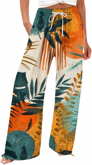 Boho Pants for Women Linen Palazzo Pants 2025 Summer High Waisted Boho Wide Leg Lounge Pant Trousers with Pocket