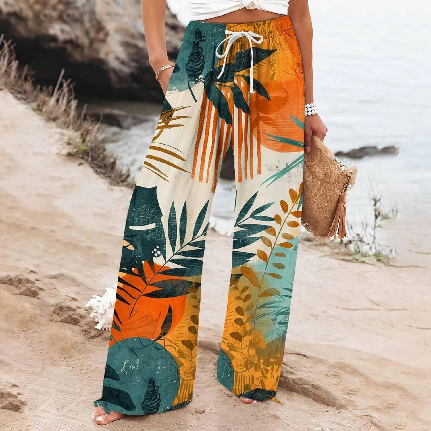 Boho Pants for Women Linen Palazzo Pants 2025 Summer High Waisted Boho Wide Leg Lounge Pant Trousers with Pocket