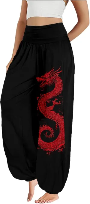 Boho Pants for Women Wide Leg Japanese Art Printed Harem Pants High Waist Plus Size Hippie Flowy Baggy Yoga Trousers