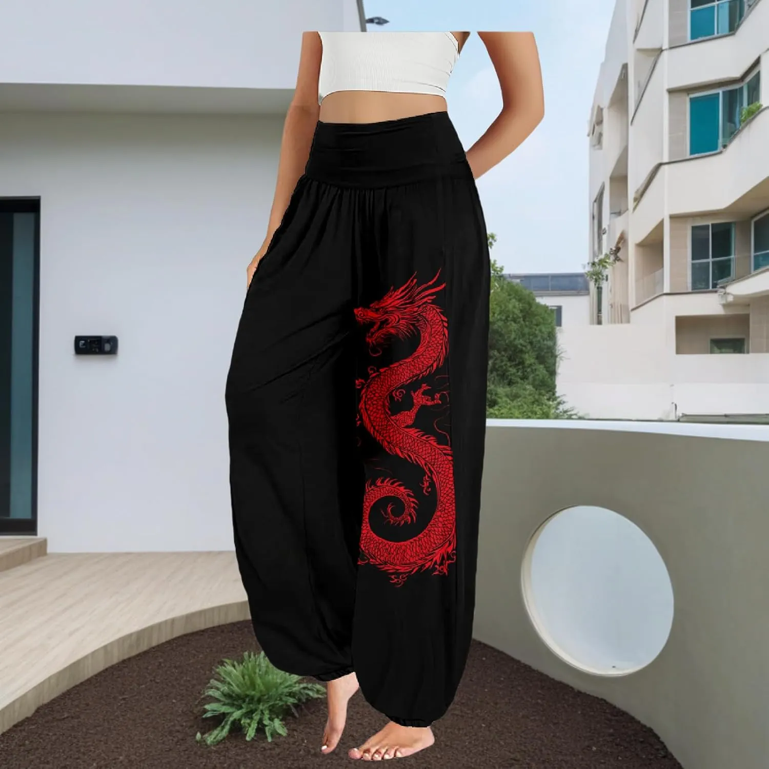 Boho Pants for Women Wide Leg Japanese Art Printed Harem Pants High Waist Plus Size Hippie Flowy Baggy Yoga Trousers