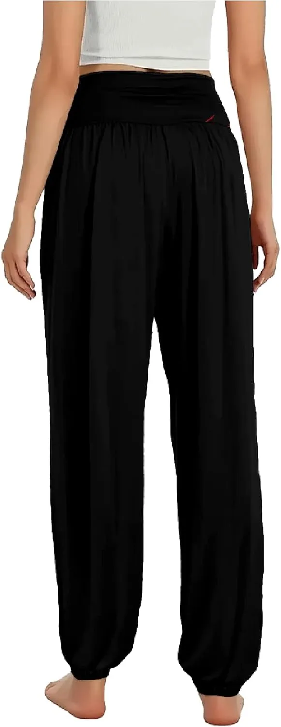 Boho Pants for Women Wide Leg Japanese Art Printed Harem Pants High Waist Plus Size Hippie Flowy Baggy Yoga Trousers