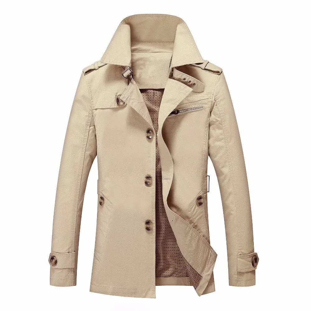 BOLU Design Men's Fashion Long Cotton Solid Design Khaki Brown Trench Coat Jacket