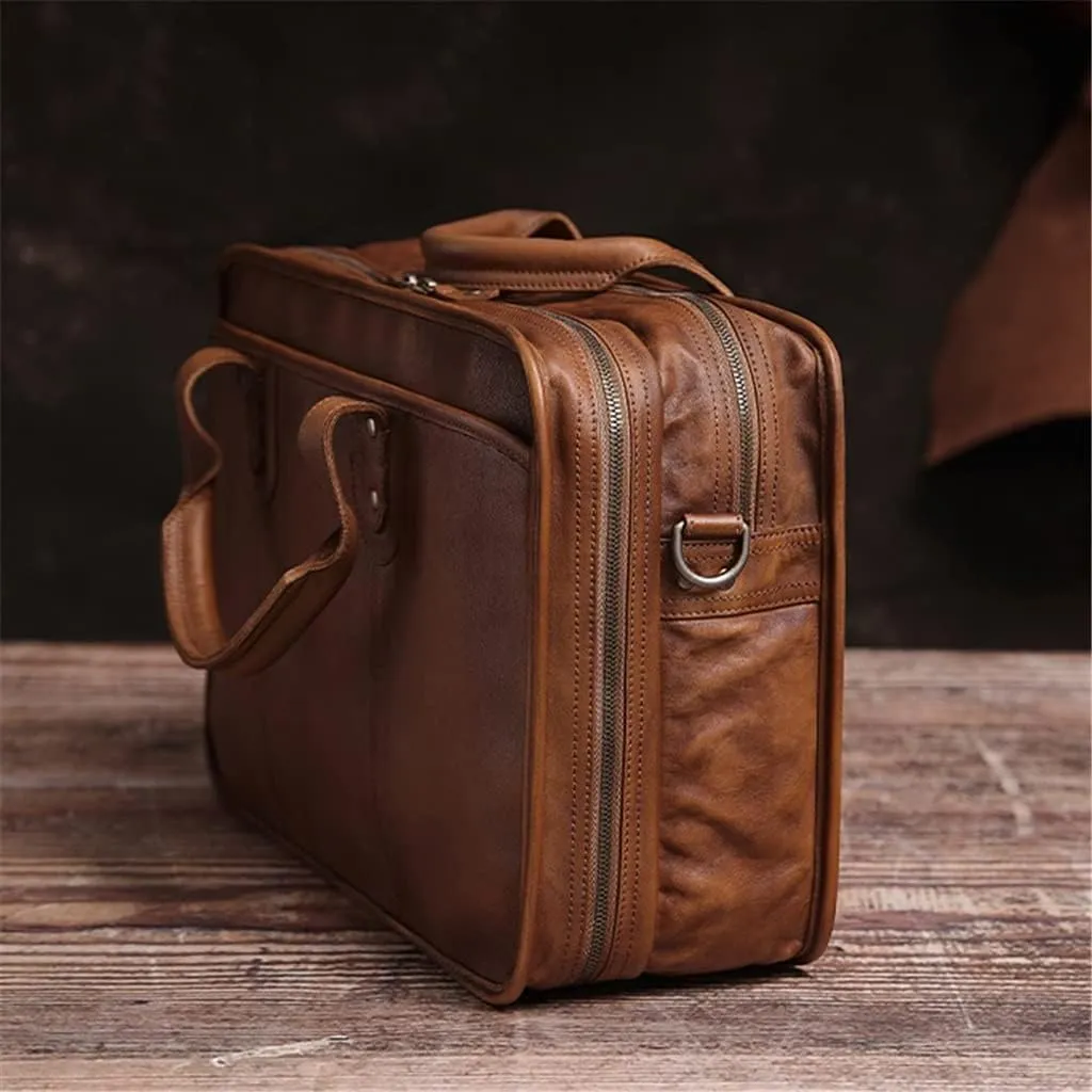 Briefcase Men Vintage Man Handbag Travel Bag Shoulder Handmade Genuine Leather Brown Laptop Businessv