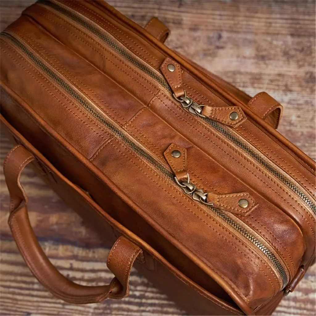 Briefcase Men Vintage Man Handbag Travel Bag Shoulder Handmade Genuine Leather Brown Laptop Businessv