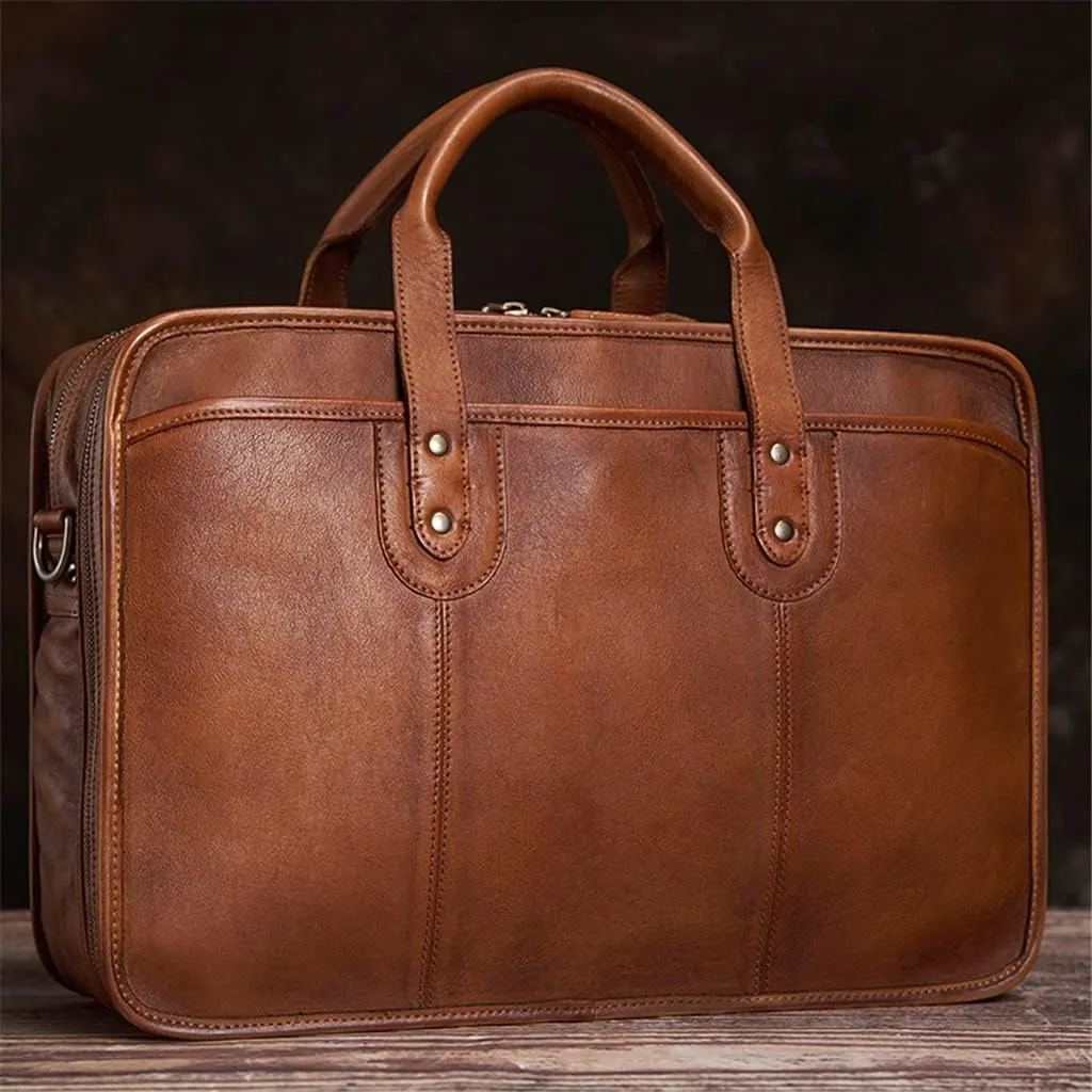 Briefcase Men Vintage Man Handbag Travel Bag Shoulder Handmade Genuine Leather Brown Laptop Businessv