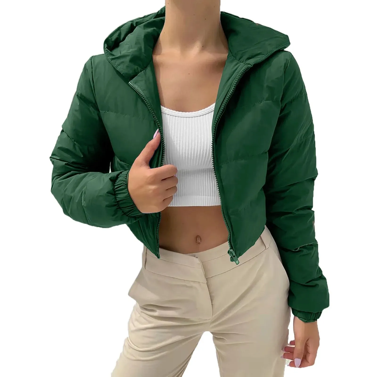 Bubble Puffer Winter Warm Hooded Jacket Women Fashion Cropped Coats Long Sleeve Outerwear Zipper Casual Parkas Padded Coat