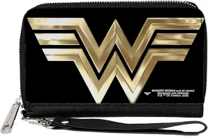 Buckle-Down DC Comics Wallet, Zip Around, Wonder Woman 1984 WW Logo Black Golds, Vegan Leather