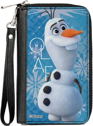 Buckle-Down Disney Wallet, Zip Around, Frozen Olaf Smiling Pose and Text Snowflakes Blues/White, Vegan Leather