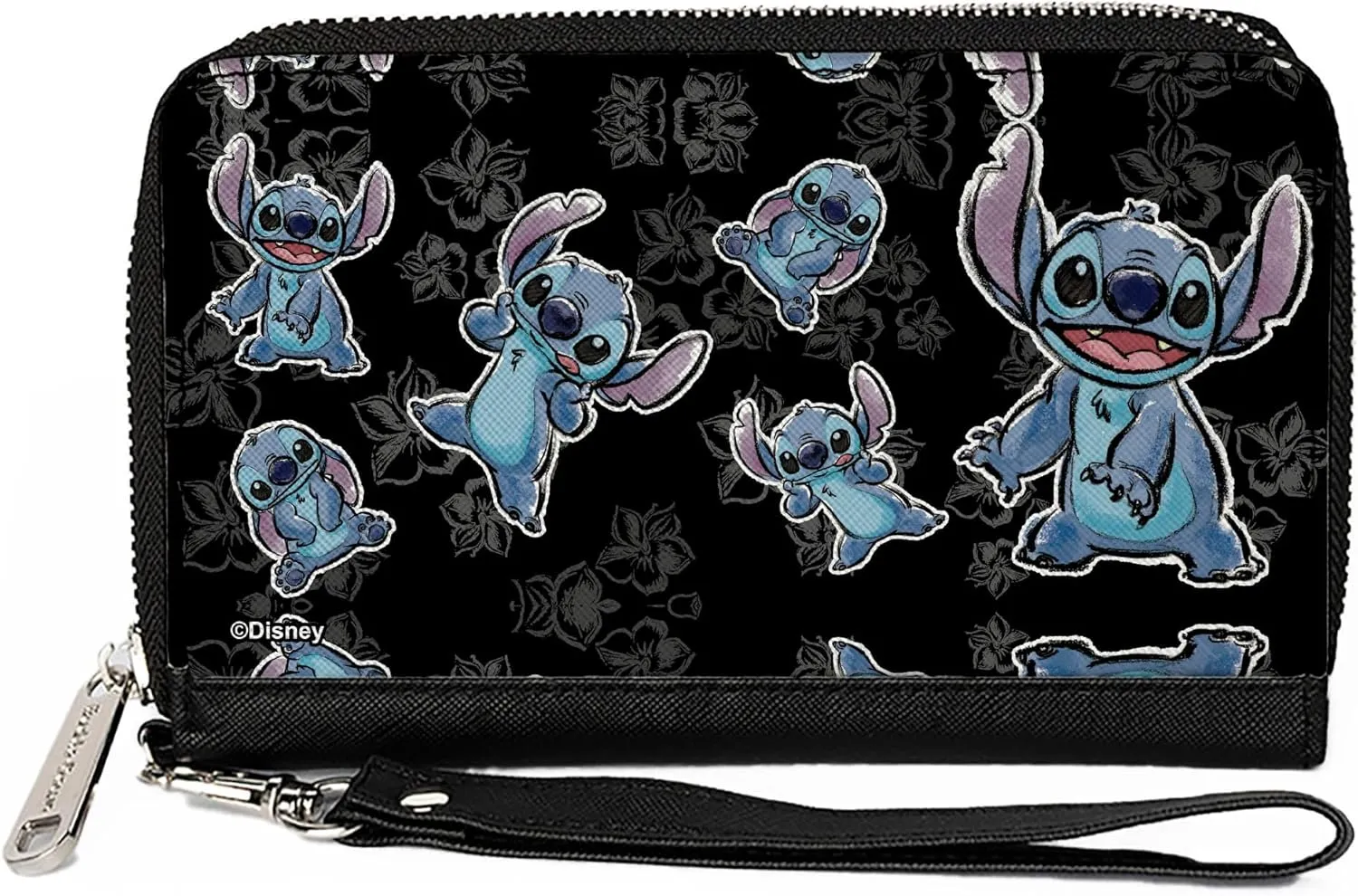 Buckle-Down Disney Wallet, Zip Around, Lilo and Stitch Stitch Poses Hibiscus Sketch Black Gray Blue, Vegan Leather