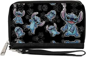 Buckle-Down Disney Wallet, Zip Around, Lilo and Stitch Stitch Poses Hibiscus Sketch Black Gray Blue, Vegan Leather