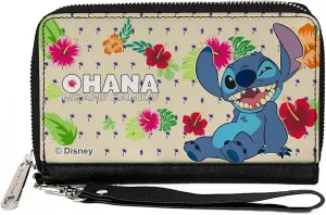 Buckle-Down Disney Wallet, Zip Around, Lilo and Stitch Stitch Winking Ohana Means Family Tropical, Vegan Leather