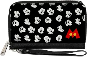 Buckle-Down Disney Wallet, Zip Around, Mickey Mouse Expressions Button Logo Black White Red Yellows, Vegan Leather
