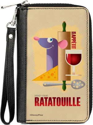 Buckle-Down Disney Wallet, Zip Around, Ratatouille Remy Bon Appetit Hiding Pose and Logo Beige, Vegan Leather