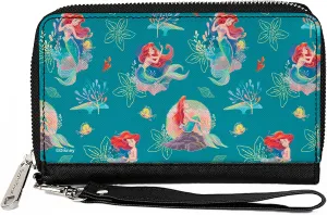 Buckle-Down Disney Wallet, Zip Around, The Little Mermaid Ariel with Flounder and Sebastian Blue, Vegan Leather