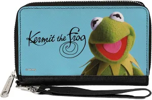 Buckle-Down Disney Wallet, Zip Around, The Muppets Kermit the Frog Portrait and Autograph Blue, Vegan Leather