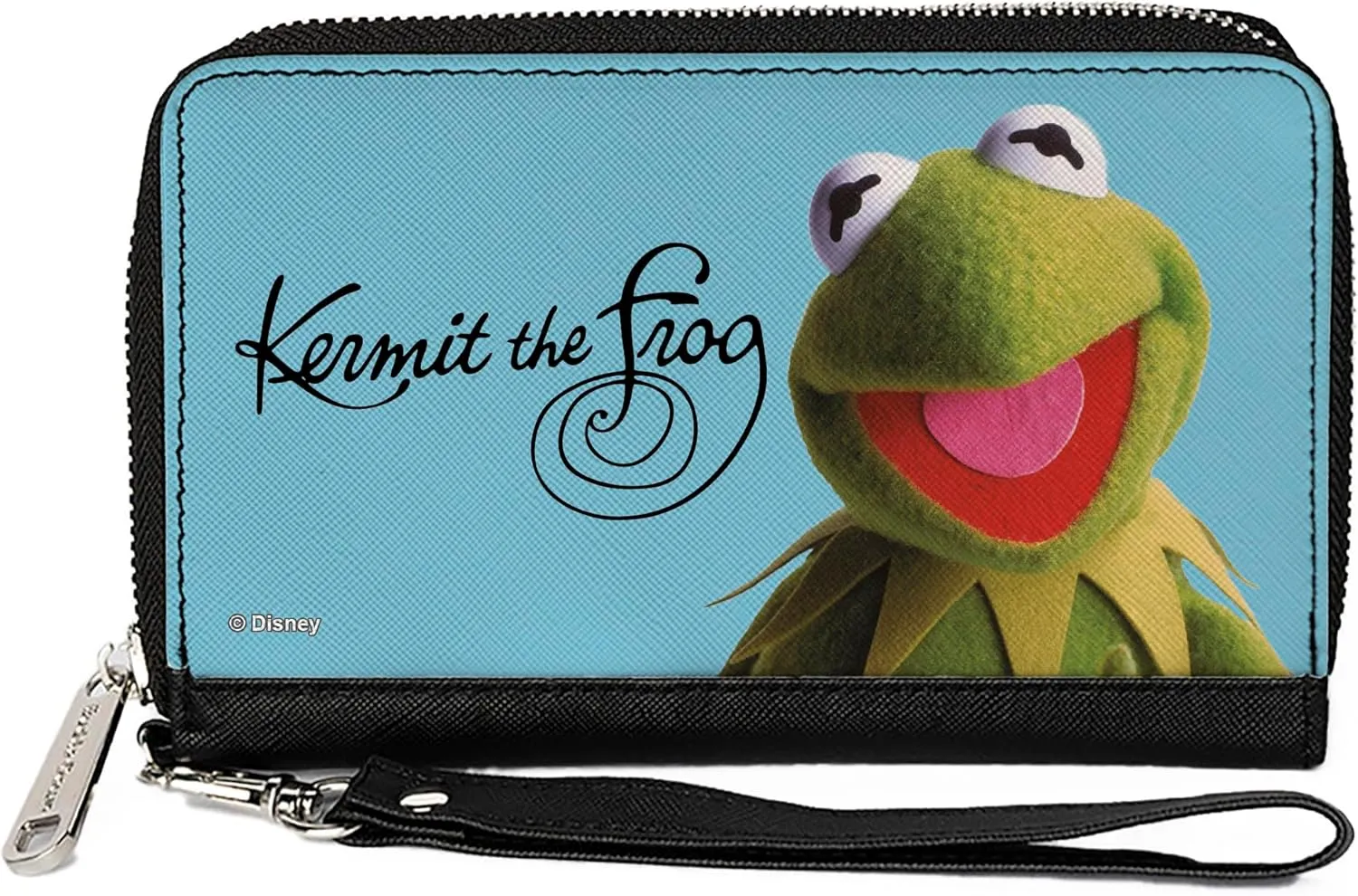 Buckle-Down Disney Wallet, Zip Around, The Muppets Kermit the Frog Portrait and Autograph Blue, Vegan Leather