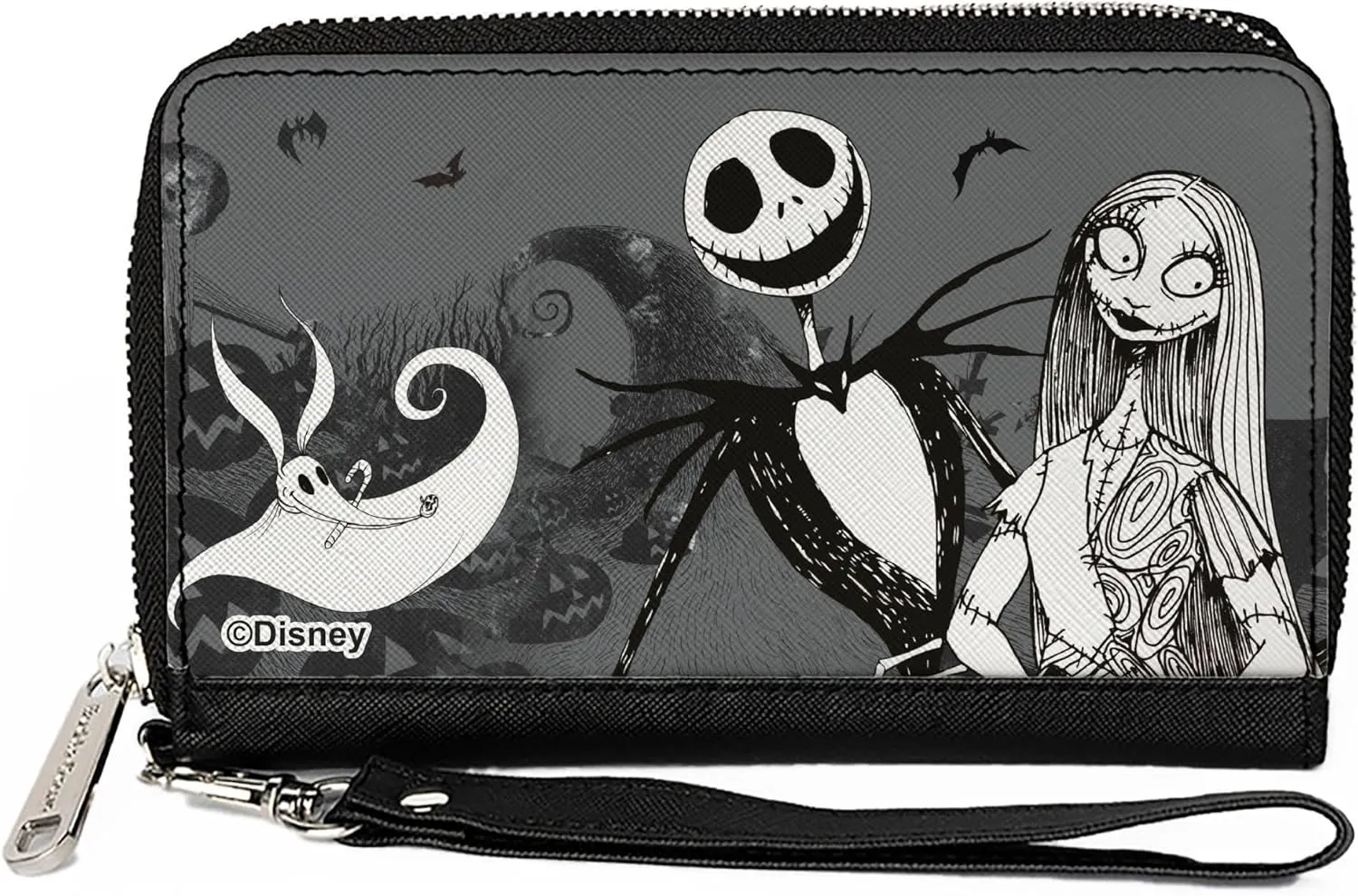 Buckle-Down Disney Wallet, Zip Around, The Nightmare Before Christmas Jack Sally and Zero Cemetery Scene Grays, Vegan Leather