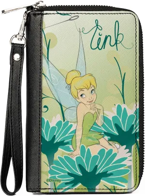 Buckle-Down Disney Wallet, Zip Around, Tinker Bell Sitting On Flower Pose Greens, Vegan Leather