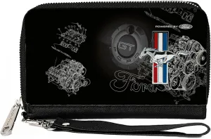 Buckle-Down Ford Wallet, Zip Around, Mustang Tri Bar Stripe GT Motor Blueprint, Vegan Leather