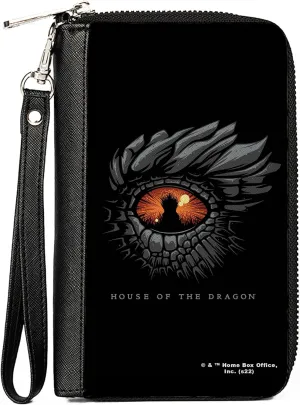Buckle-Down House of the Dragon Wallet, Zip Around, House of the Dragon Eye Throne Icon Black Gray Orange, Vegan Leather