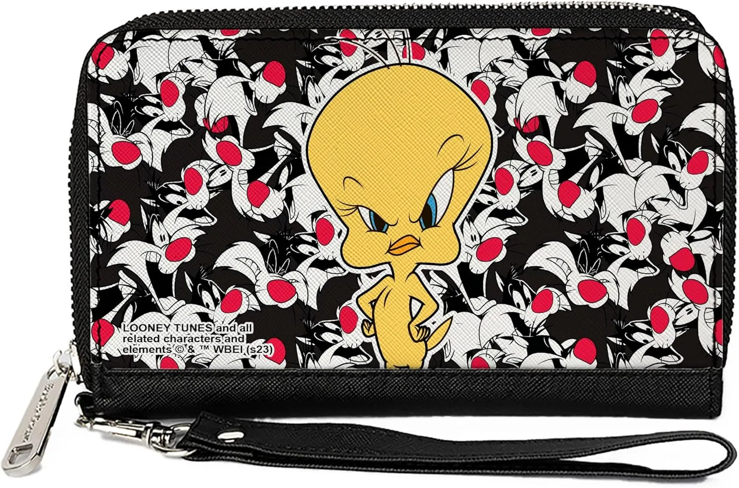 Buckle-Down Looney Tunes Wallet, Zip Around, Tweety Pose Sylvester the Cat Expressions Stacked Black White, Vegan Leather